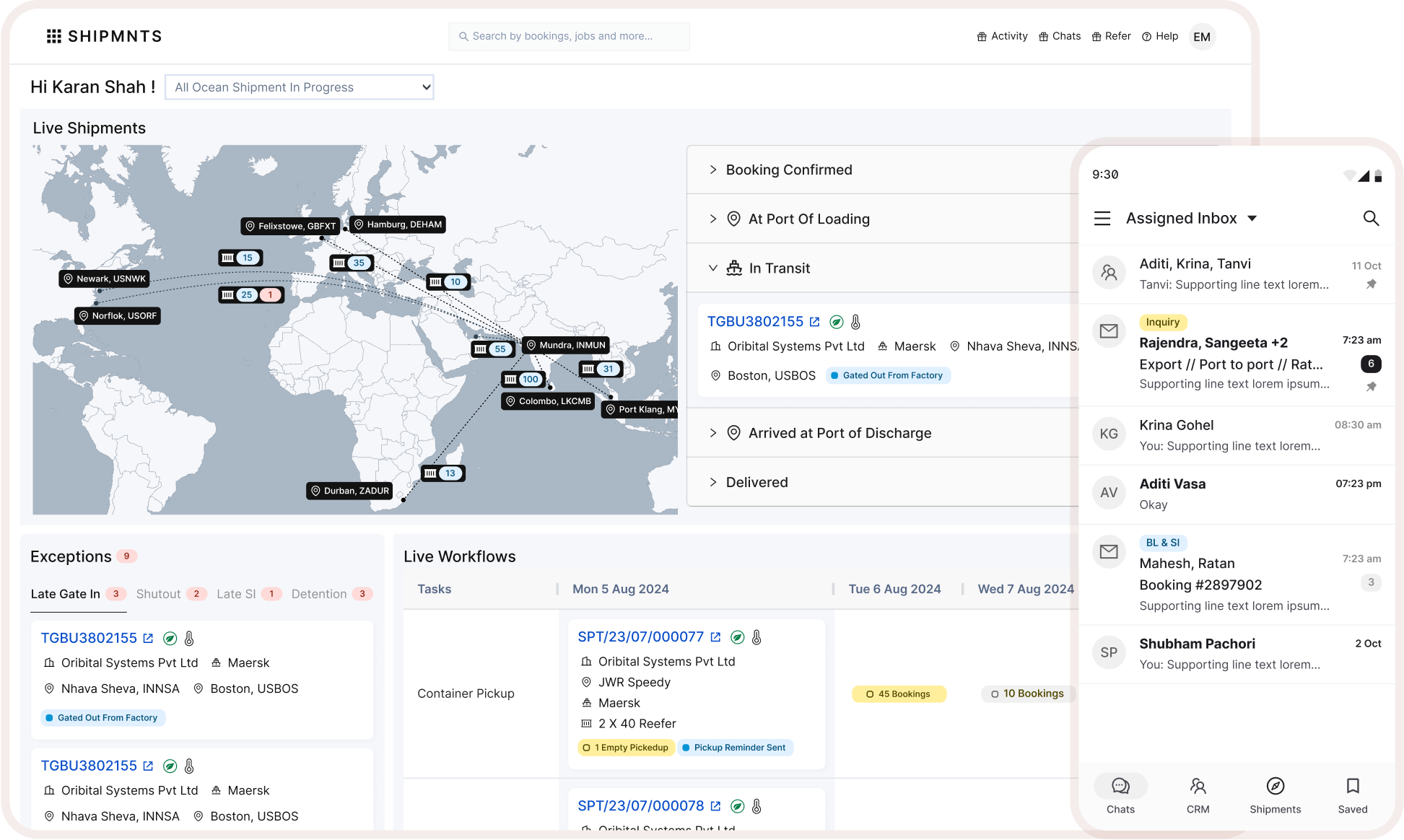 Shipmnts freight ERP dashboard: shipment management interface